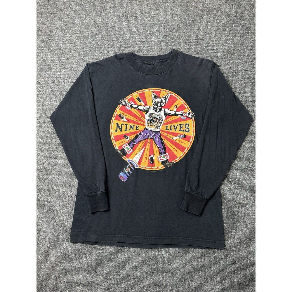 Mens Longsleeve Nine Lives Cat Graphic Black 1997 Svengali‎ Shirt, Size L